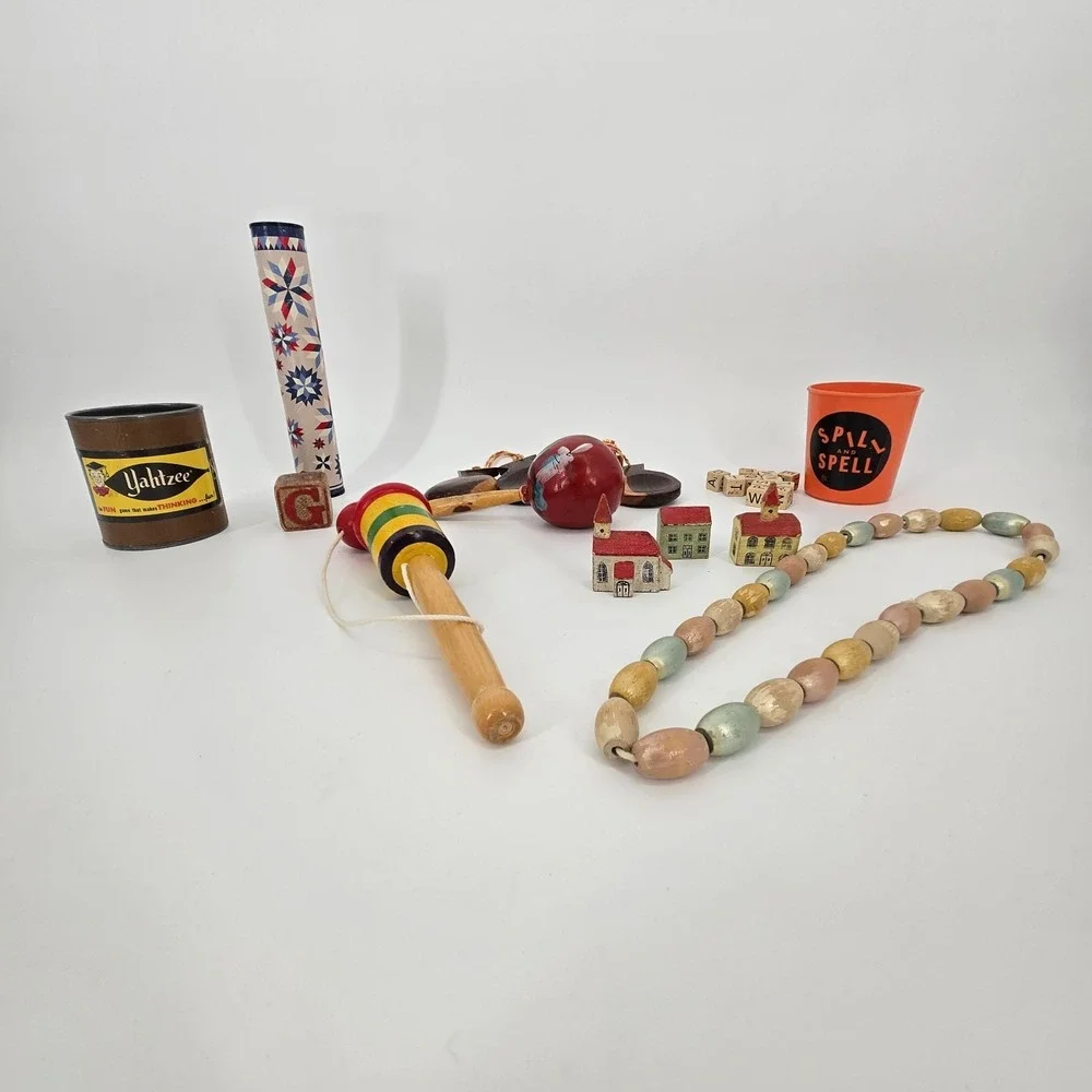 Vintage Wooden Toy & Game Lot Yahtzee Spill & Spell Kaleidoscope Clappers Rattle
